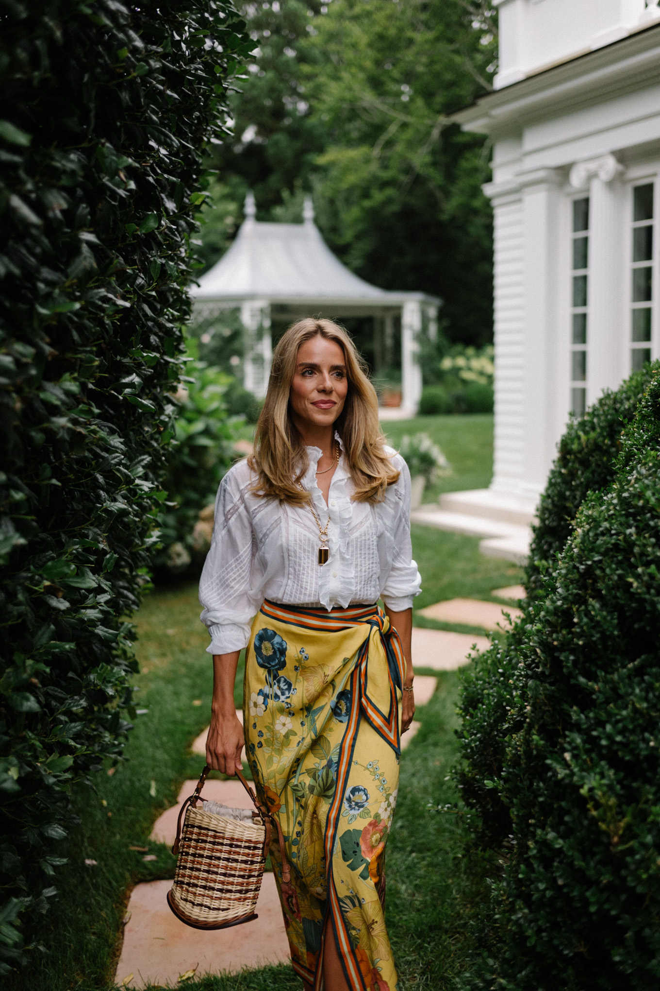 white ruffle blouse silk wrap skirt