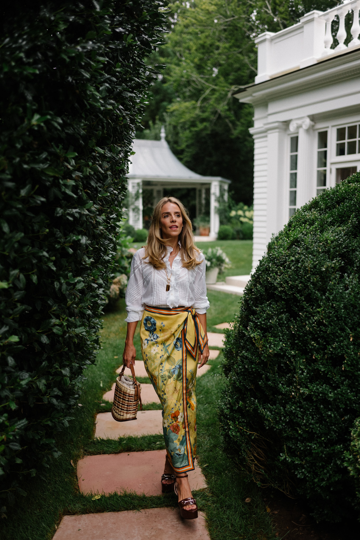 white ruffle blouse silk wrap skirt