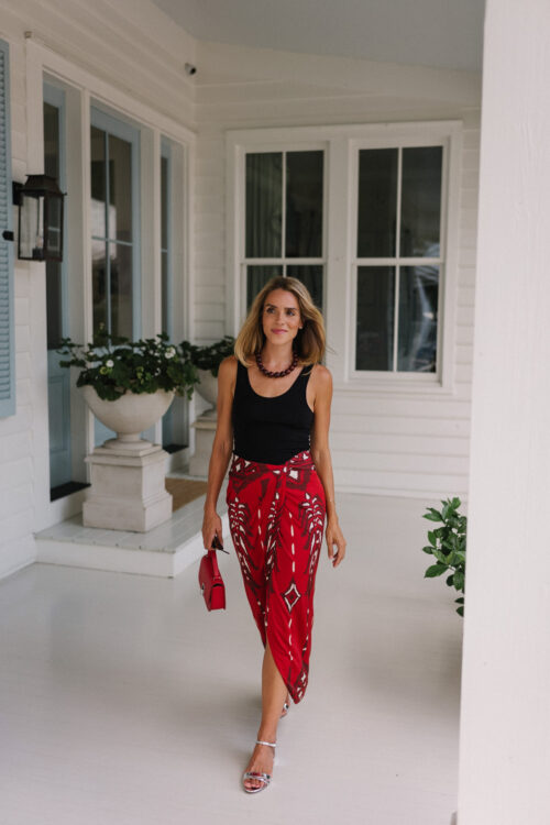 black tank red maxi wrap skirt silver heels red bag