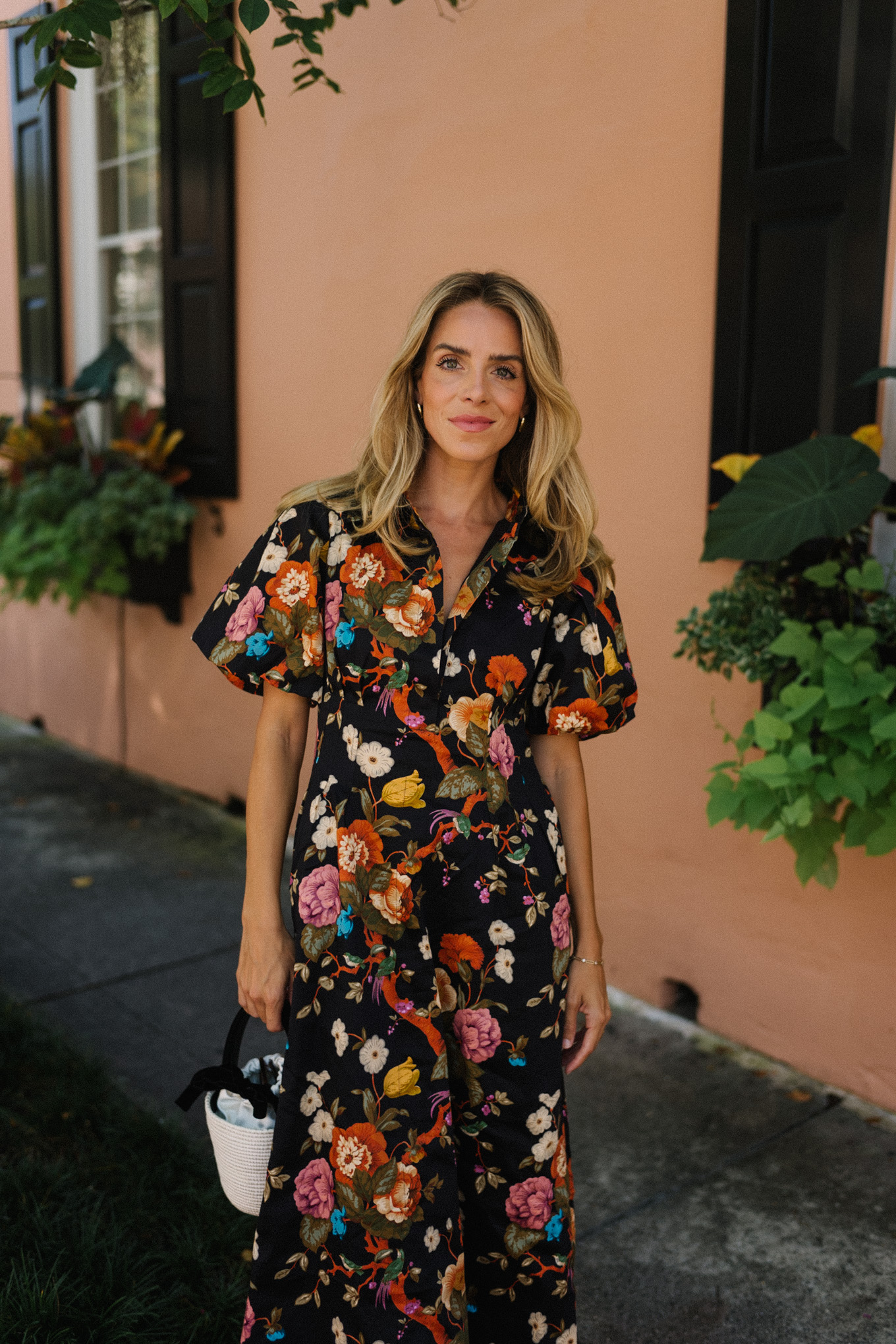 Black floral puff sleeve maxi dress Raffia bucket bag