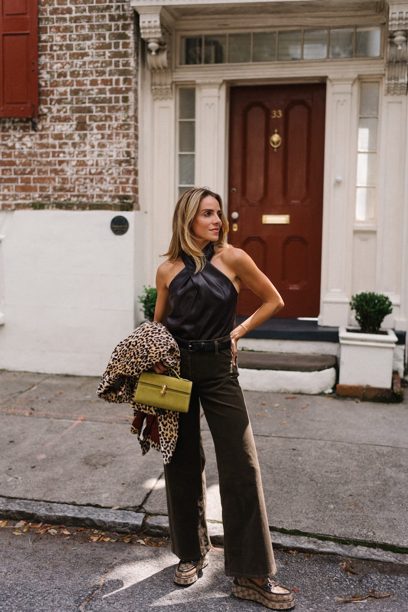 Leather halter top, brown denim, leopard print coat