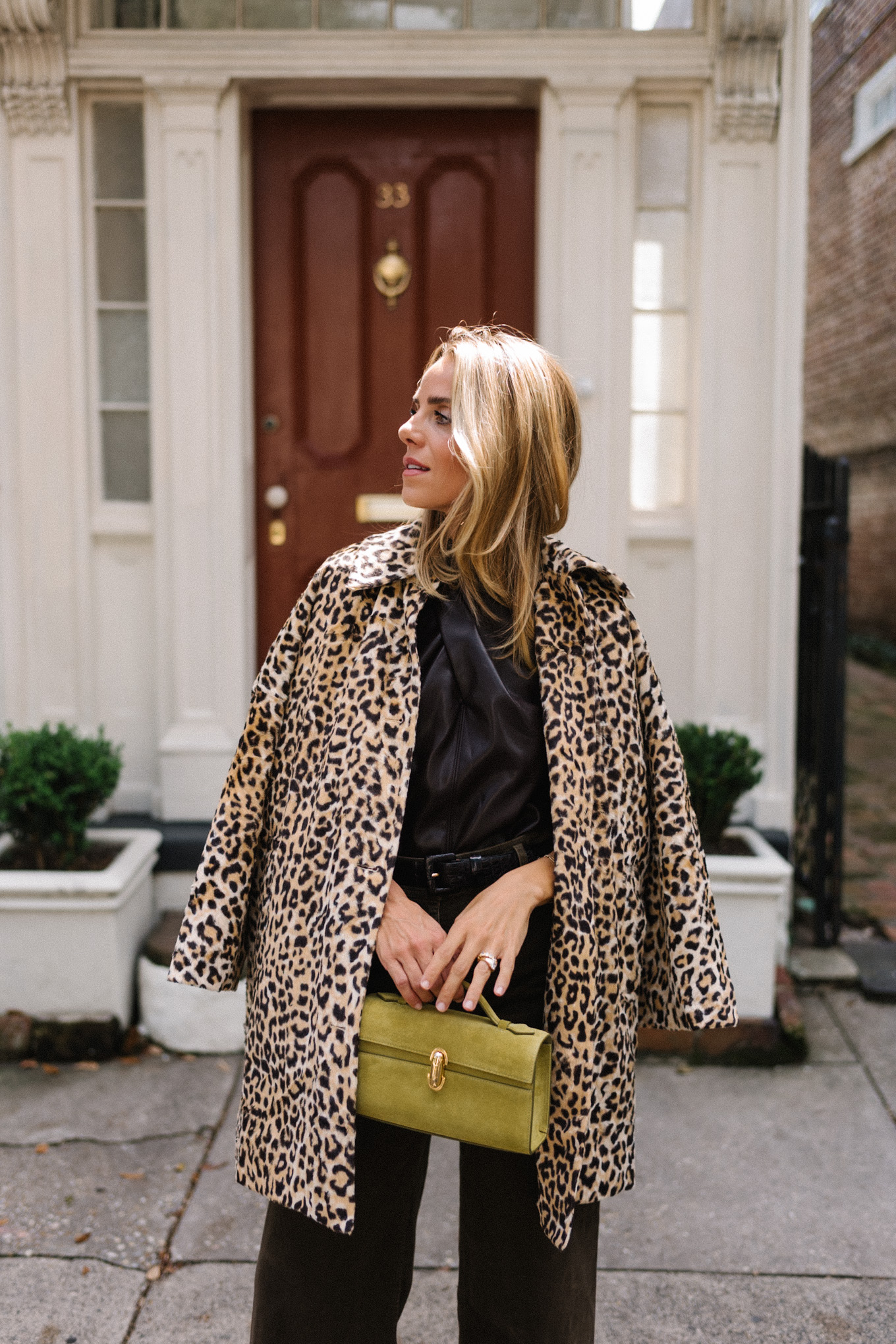 Leather halter top, brown denim, leopard print coat