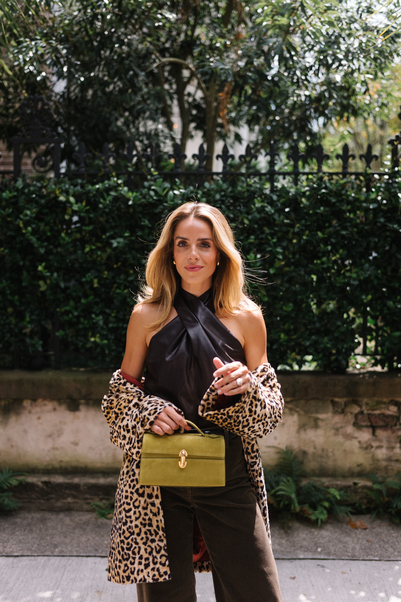 Leather halter top, brown denim, leopard print coat