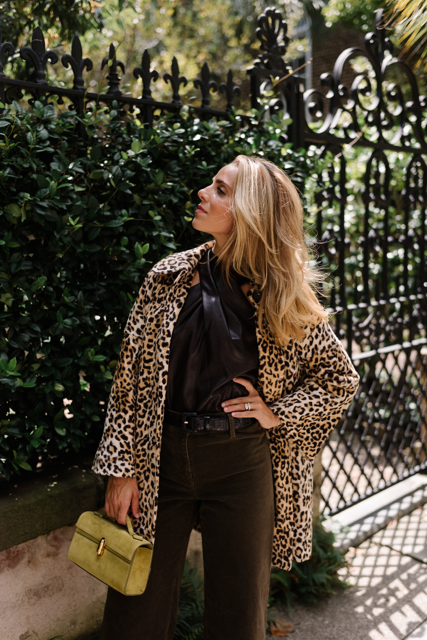 Leather halter top, brown denim, leopard print coat