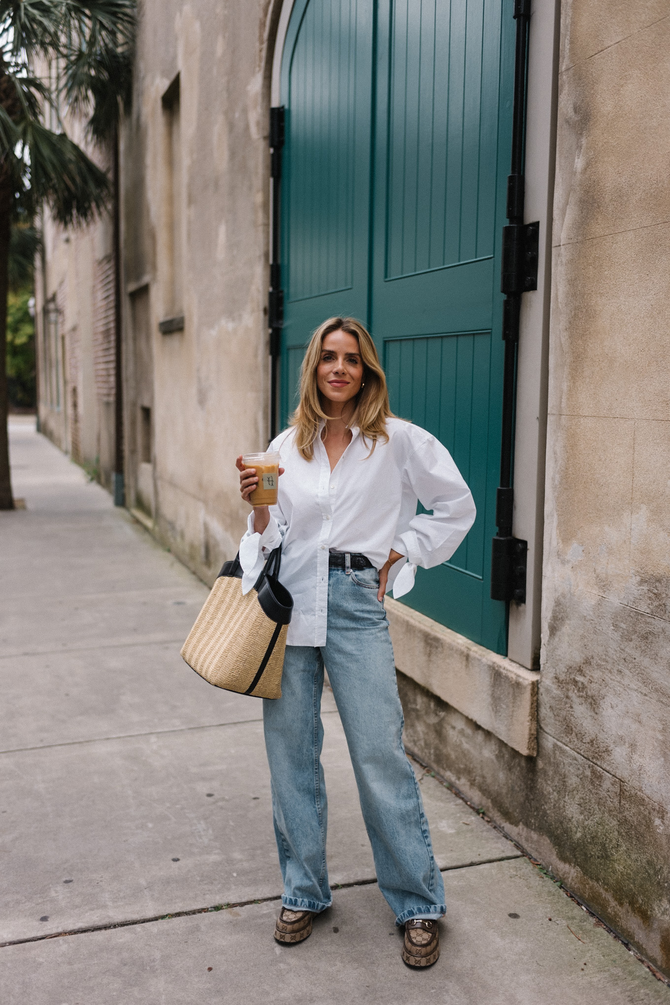 white button down blue denim straw tote