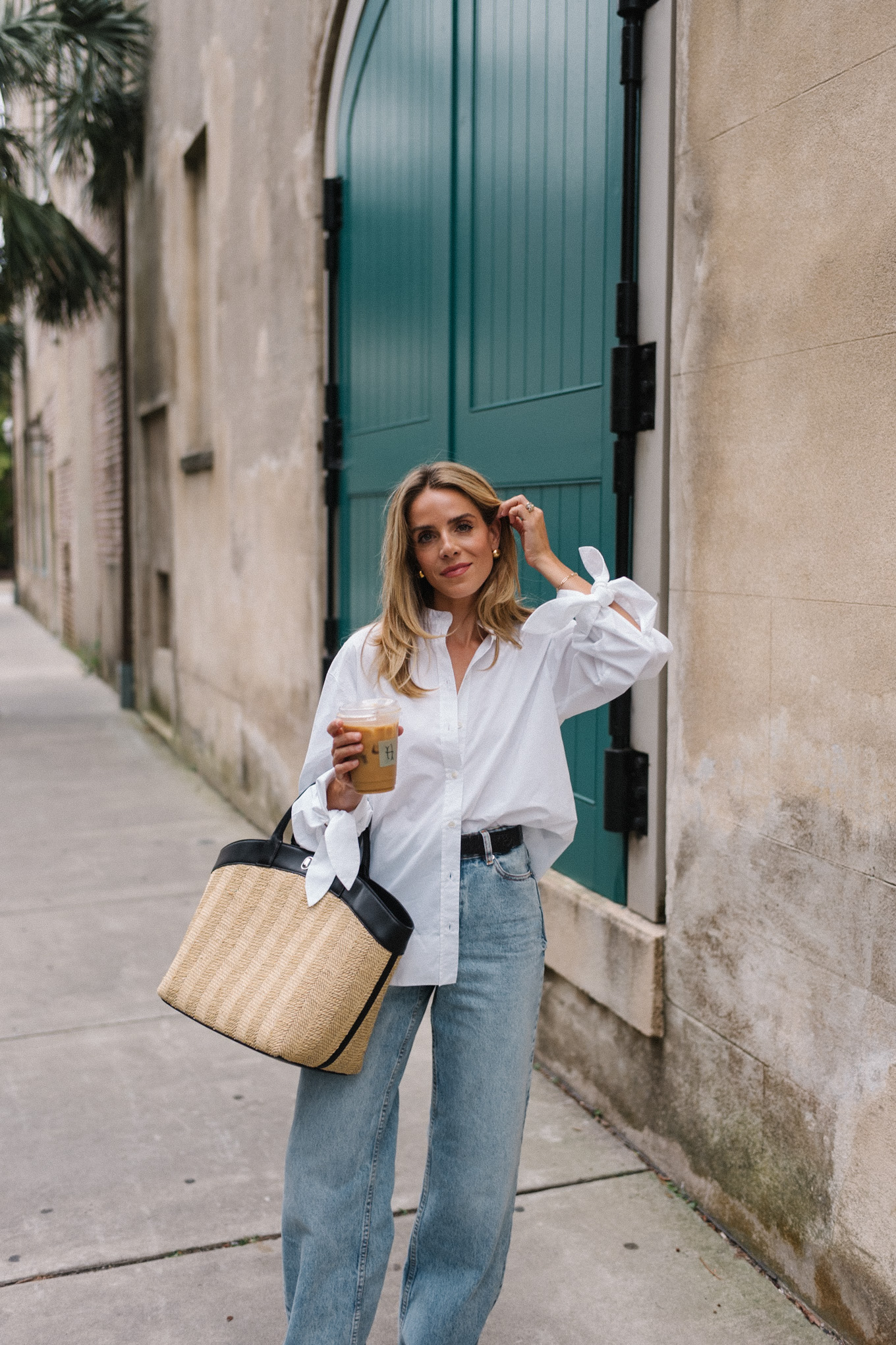 white button down blue denim straw tote