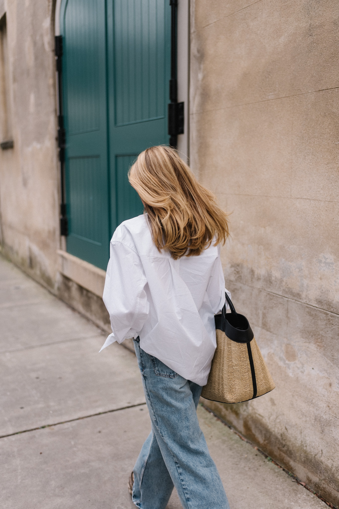 white button down blue denim straw tote