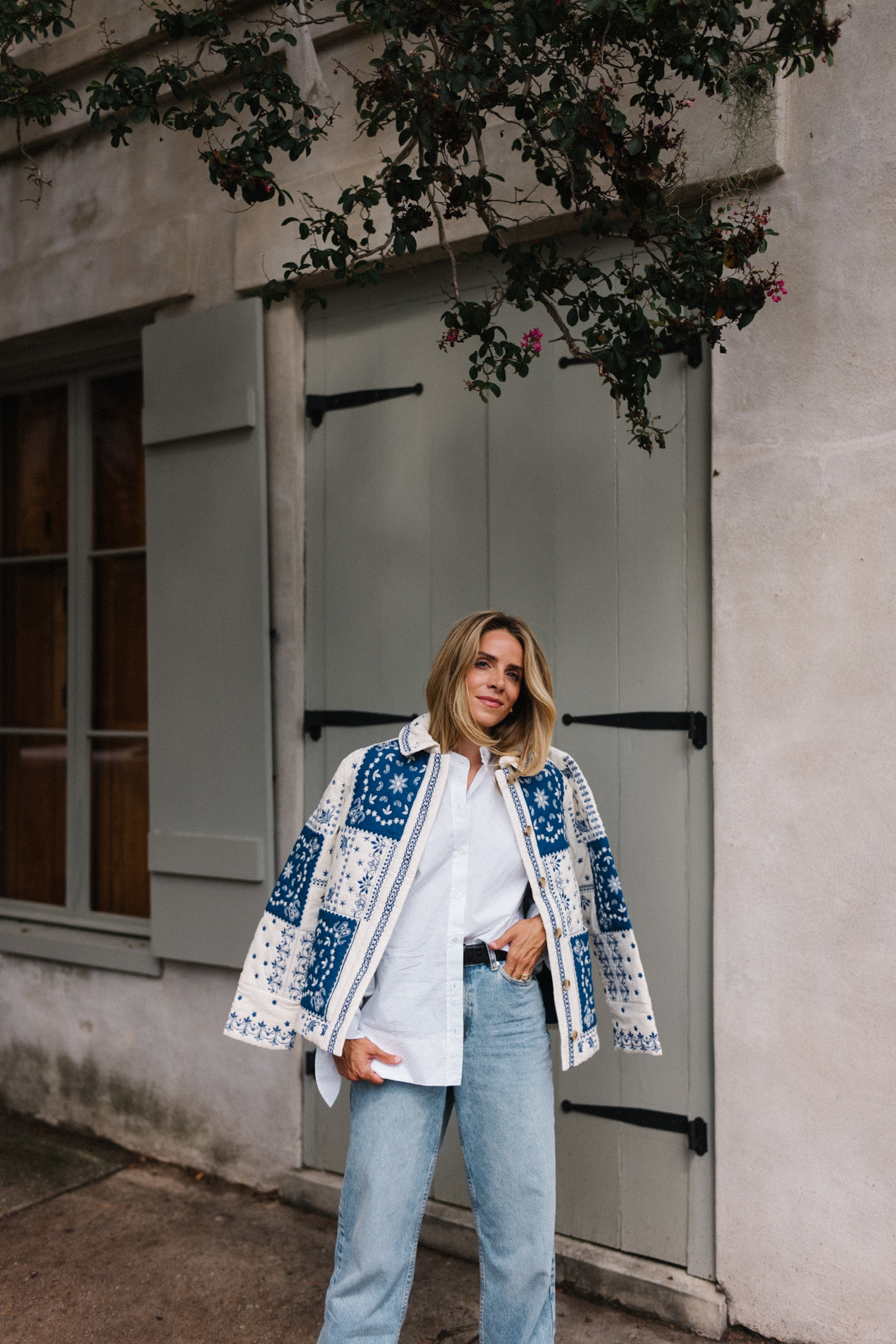 white button down blue denim straw tote