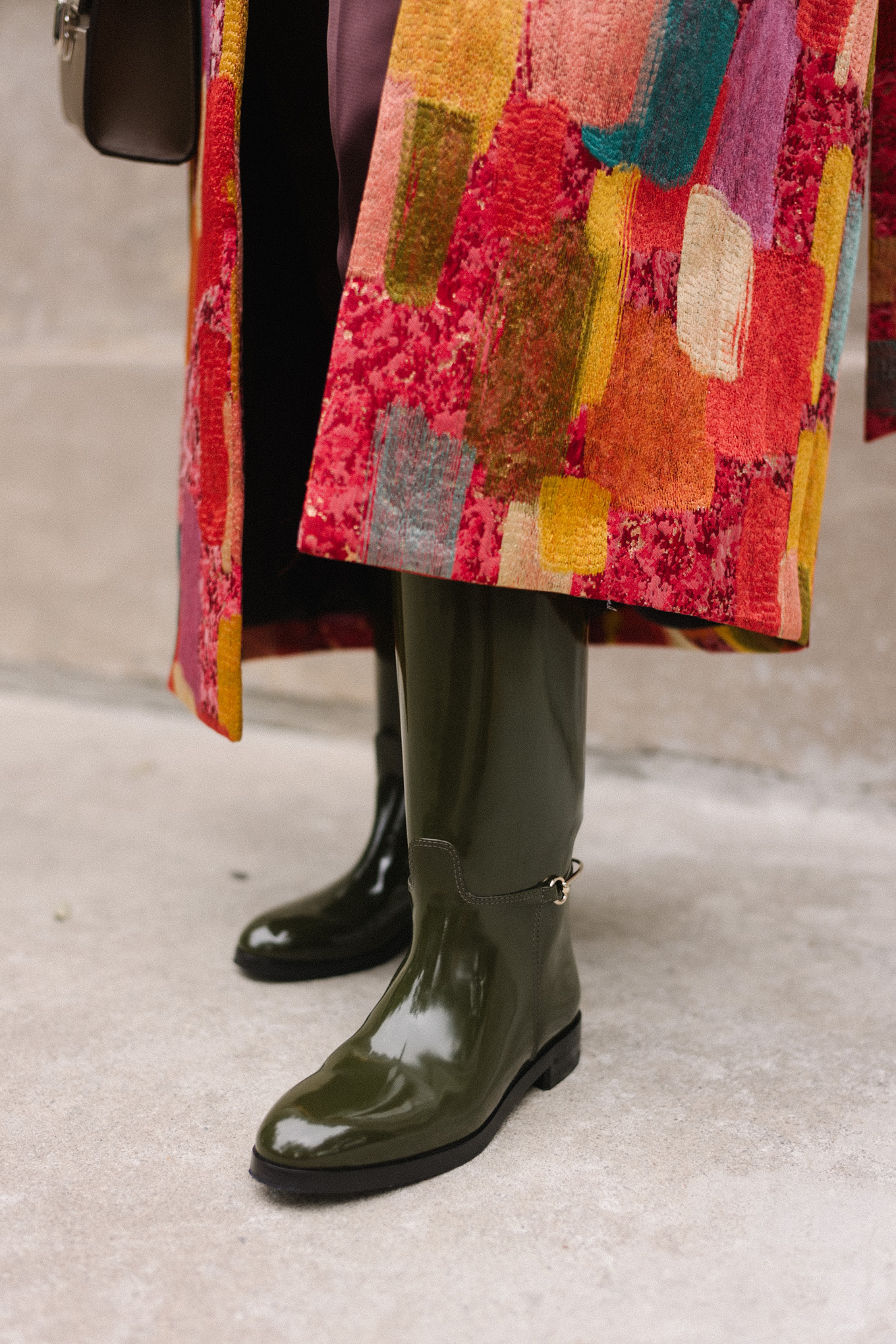 red brushstroke brocade coat green leather high boots