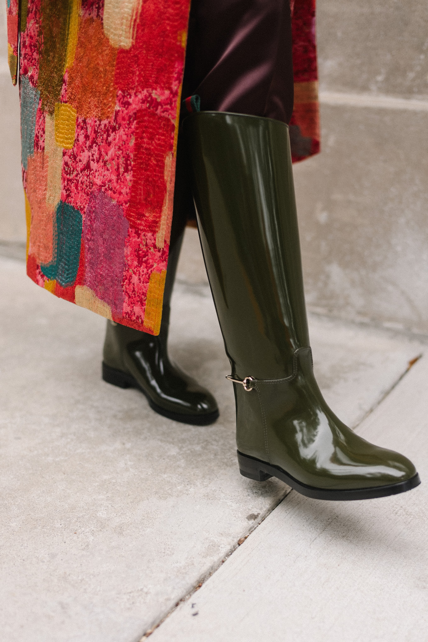 red brushstroke brocade coat green leather high boots