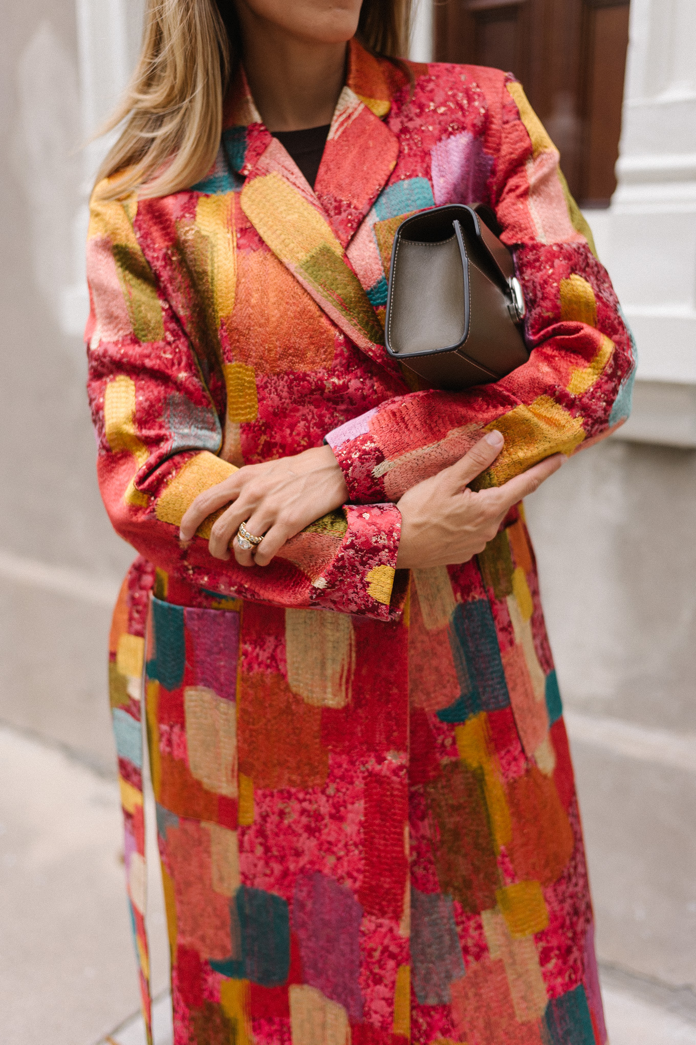 red brushstroke brocade coat green leather high boots