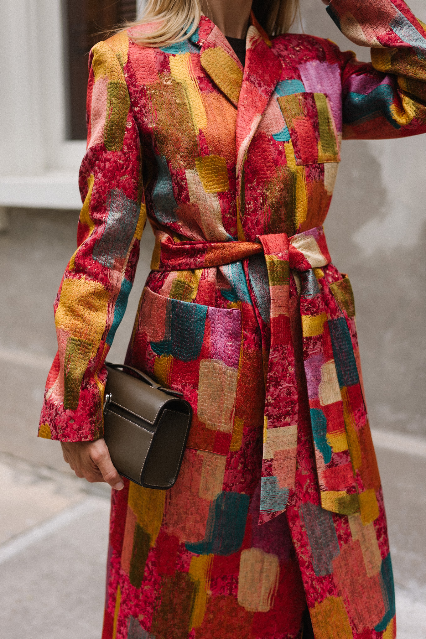 red brushstroke brocade coat green leather tall boots