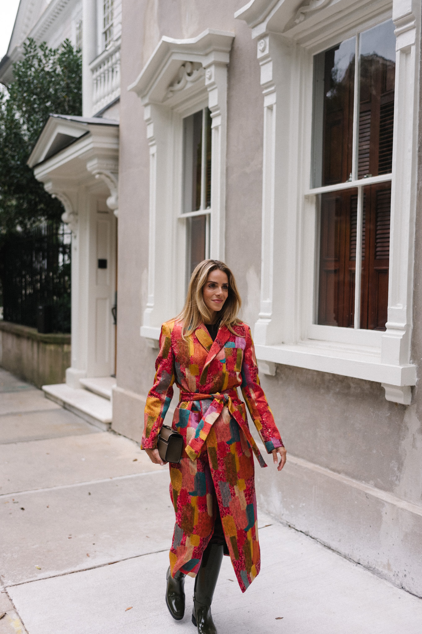 red brushstroke brocade coat green leather high boots