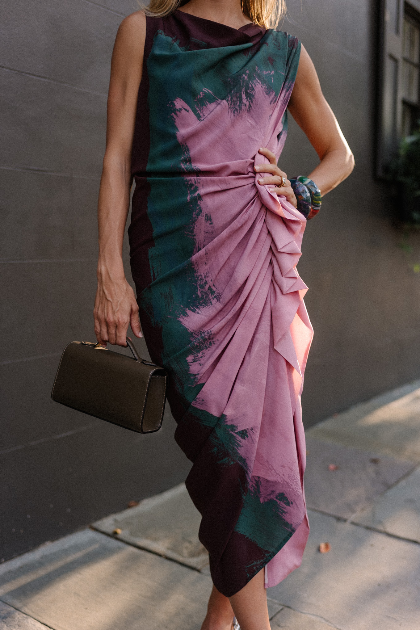 pink teal silk stretch midi dress silver heels leather bag