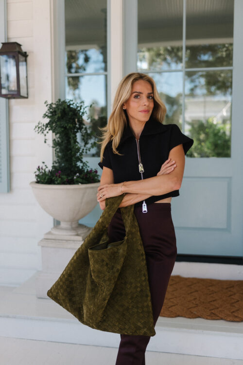 green suede tote black crop top silk fall pants
