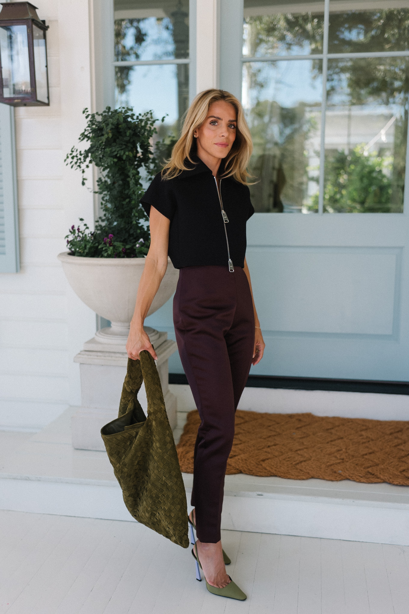 green suede tote black crop top silk fall pants