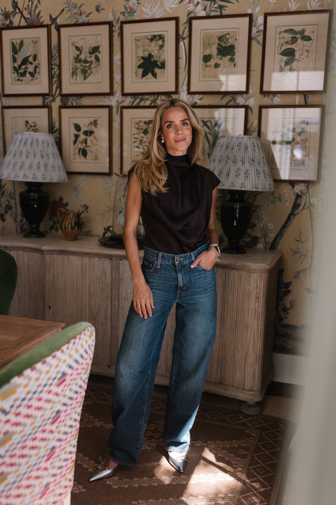 brown silk top baggy blue denim silver heels