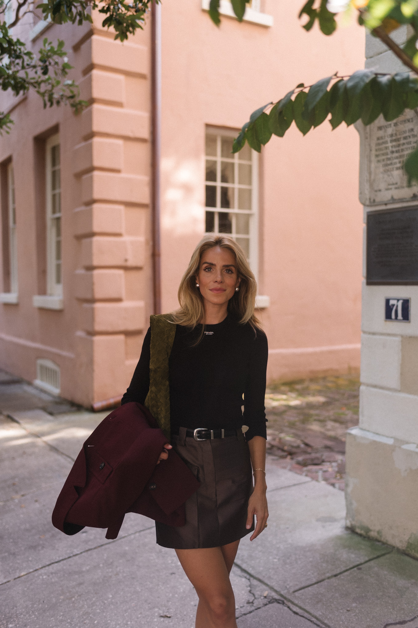 maroon coat leather skirt brown green suede handbag