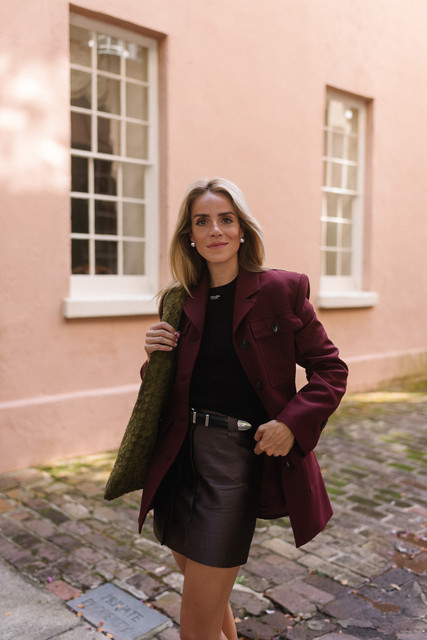 maroon coat leather skirt brown green suede handbag