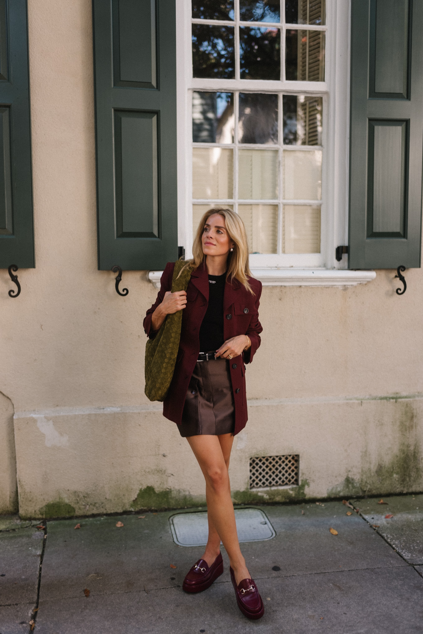 maroon coat leather skirt brown green suede handbag