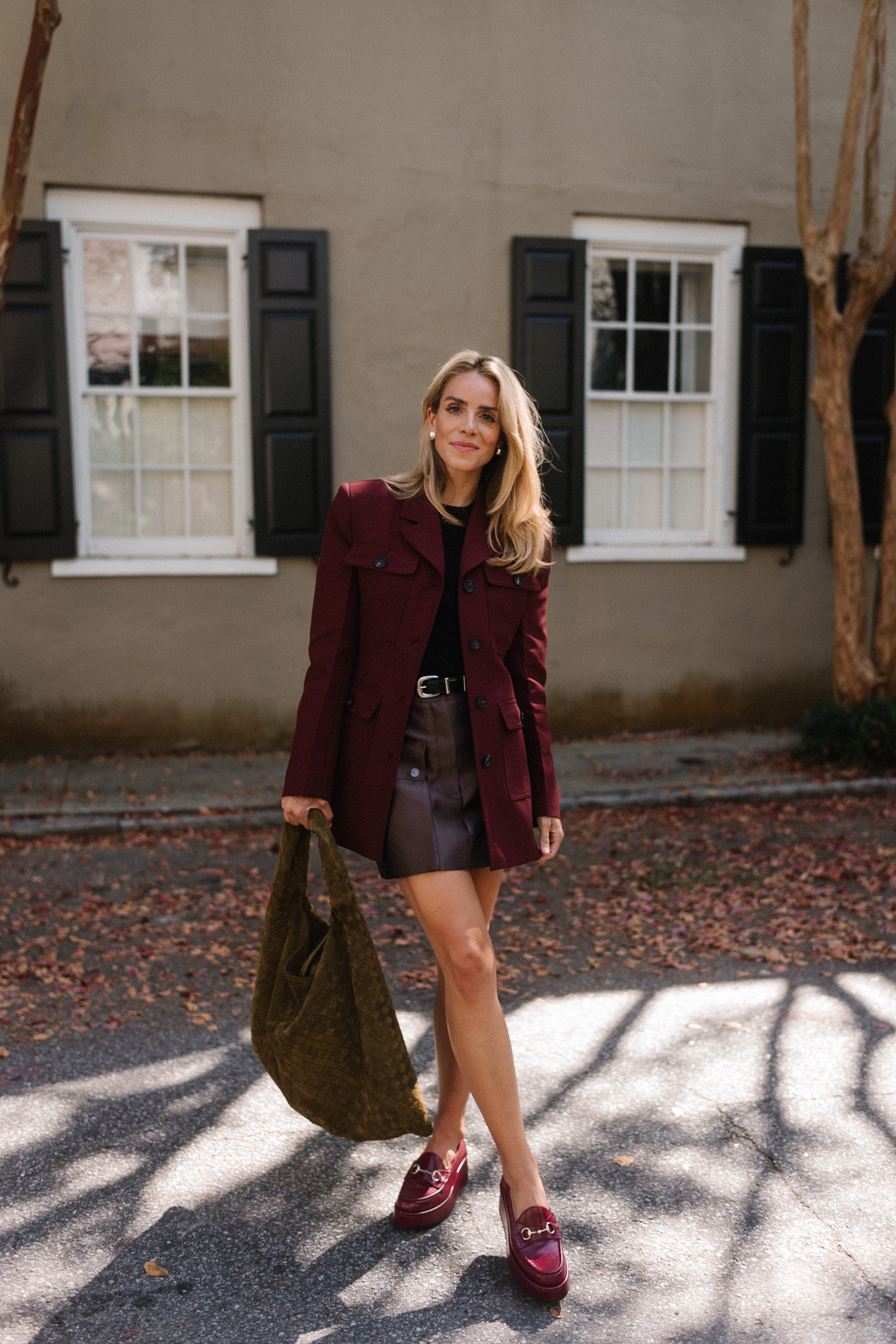 maroon coat leather skirt brown green suede handbag