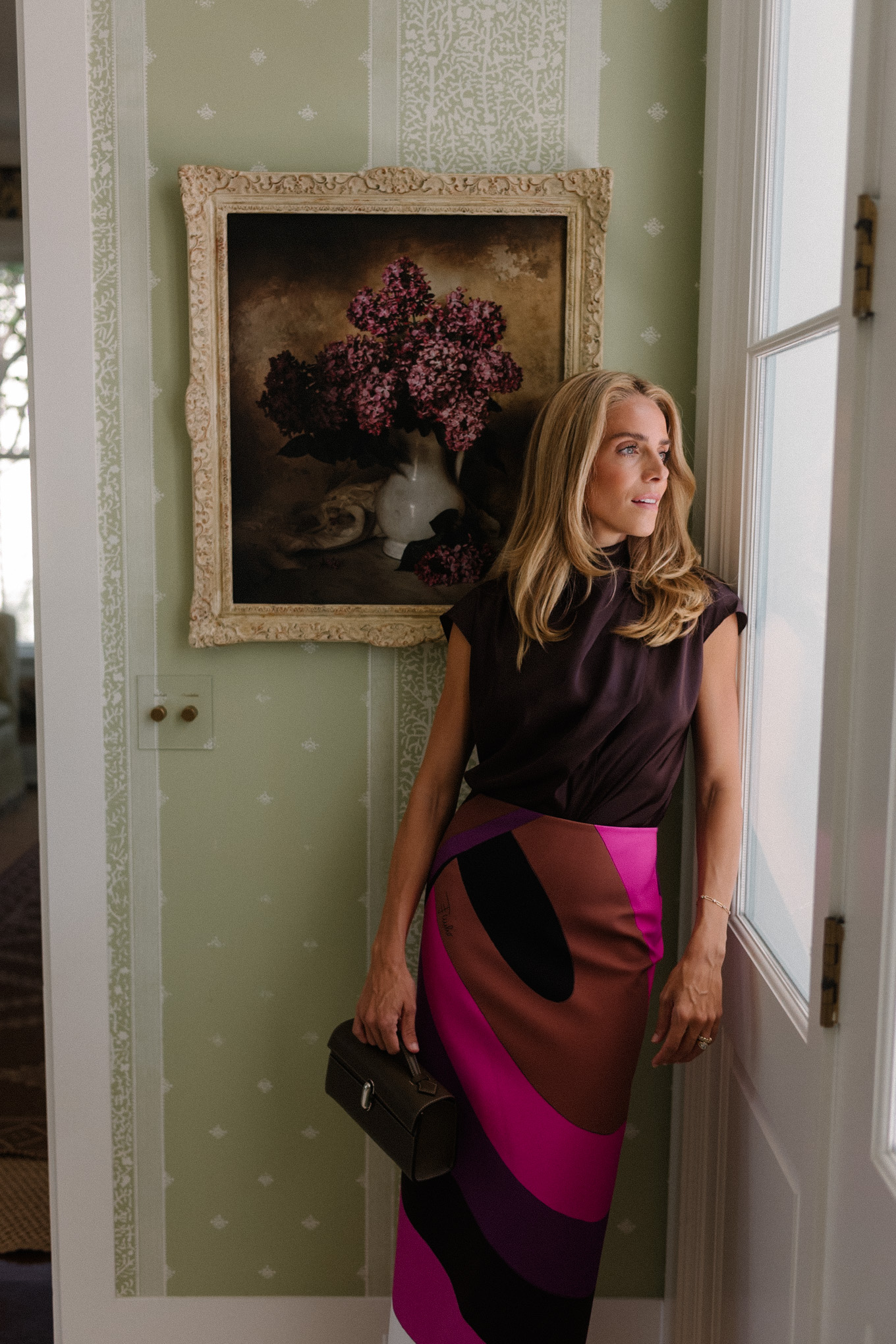 brown silk top pink silk maxi skirt