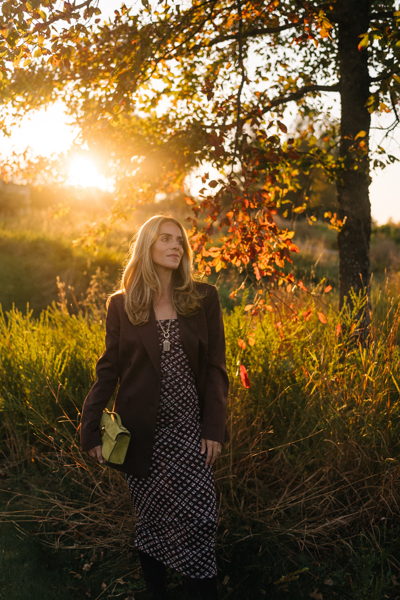 Brown mesh plaid skirt suit, brown suit jacket, brown boots, green suede bag