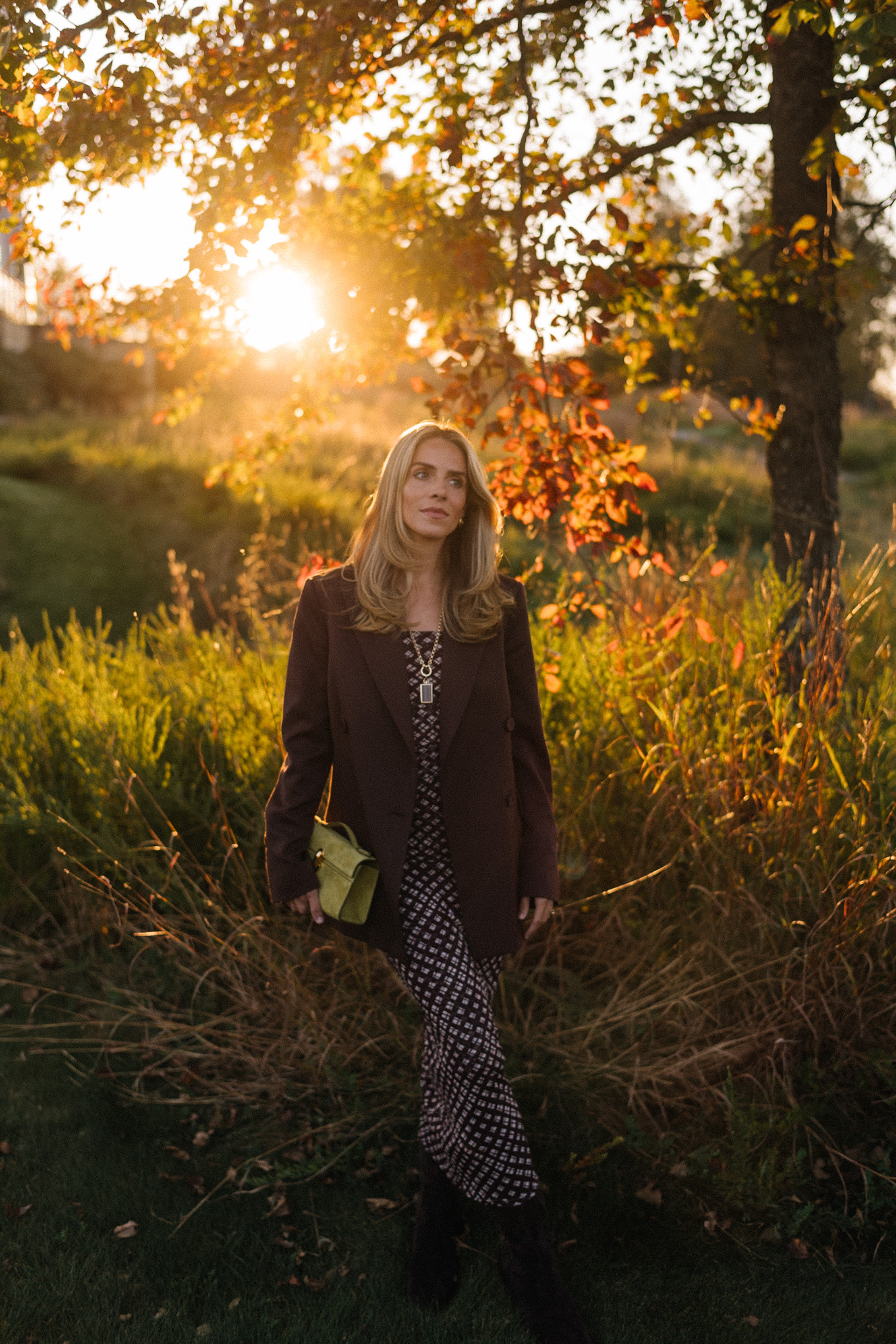 Brown mesh plaid skirt suit, brown suit jacket, brown boots, green suede bag