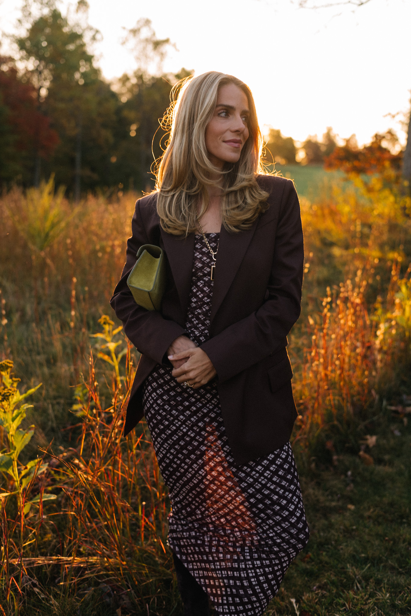 Brown mesh plaid skirt suit, brown suit jacket, brown boots, green suede bag