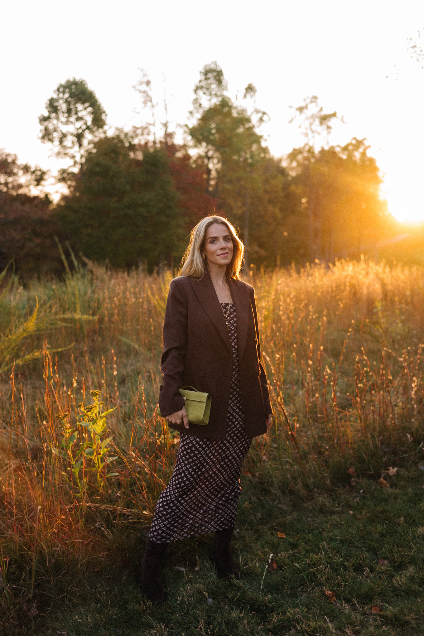 Brown mesh plaid skirt suit, brown suit jacket, brown boots, green suede bag