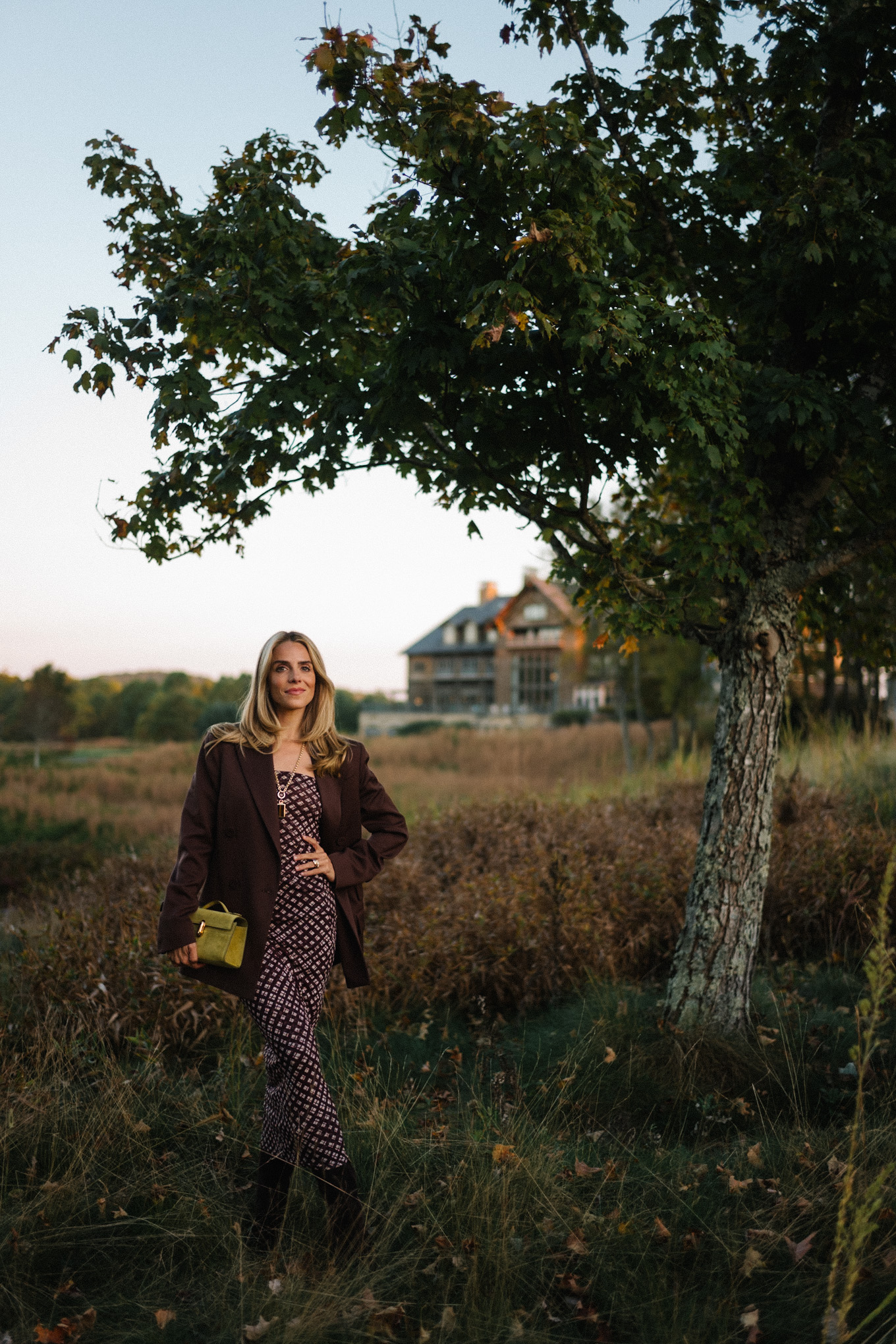 Brown mesh plaid skirt suit, brown suit jacket, brown boots, green suede bag