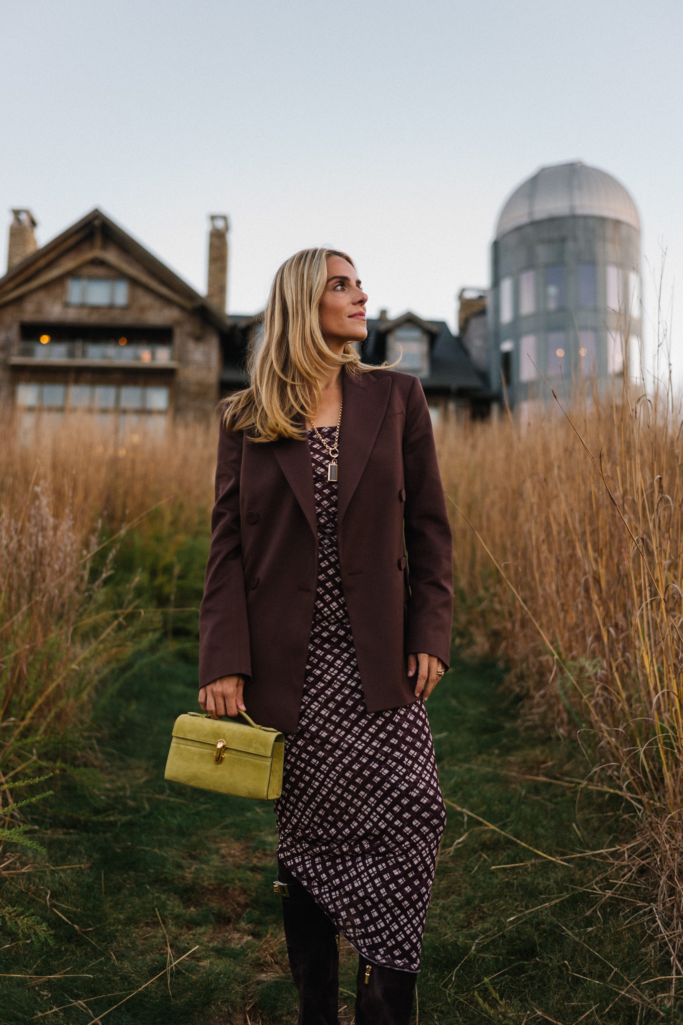 Brown mesh plaid skirt suit, brown suit jacket, brown boots, green suede bag