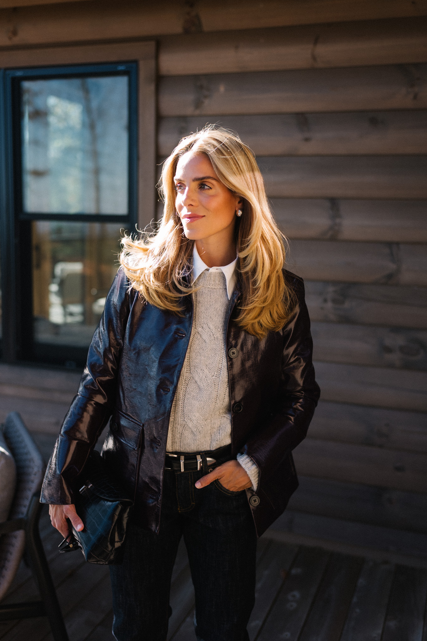 Leather jacket gray sweater white button brown suede boots