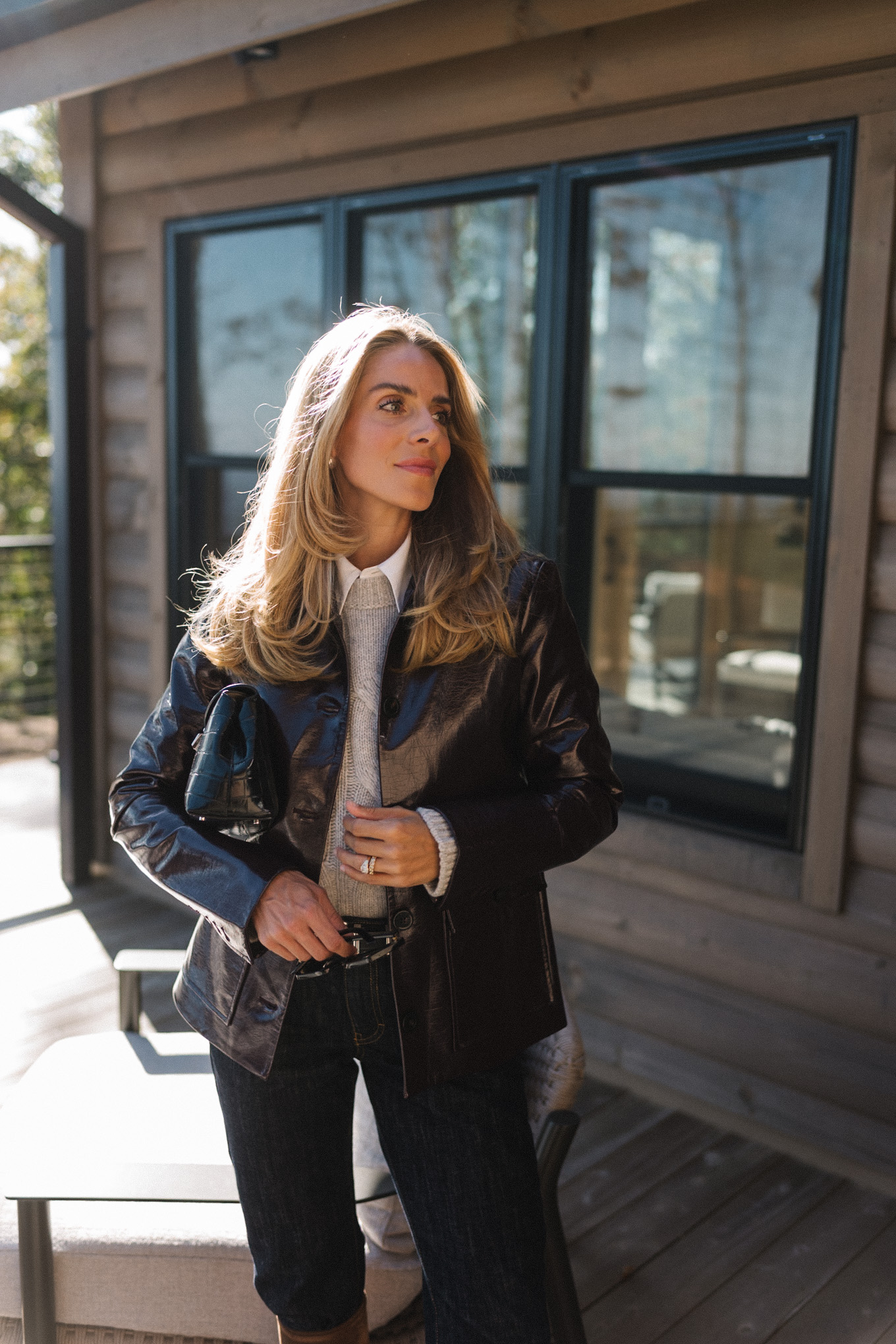 leather jacket grey sweater white button down brown suede boots