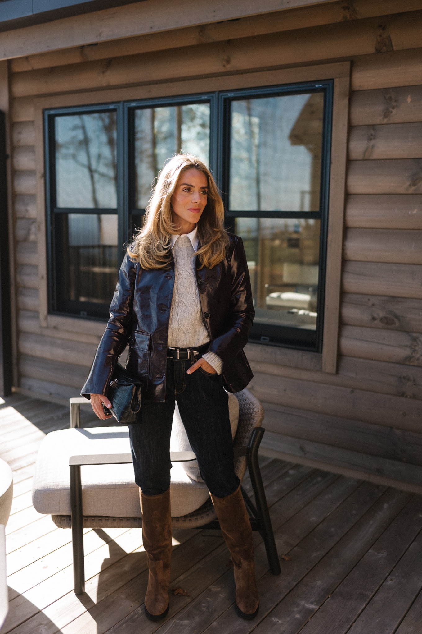 Leather jacket gray sweater white button brown suede boots