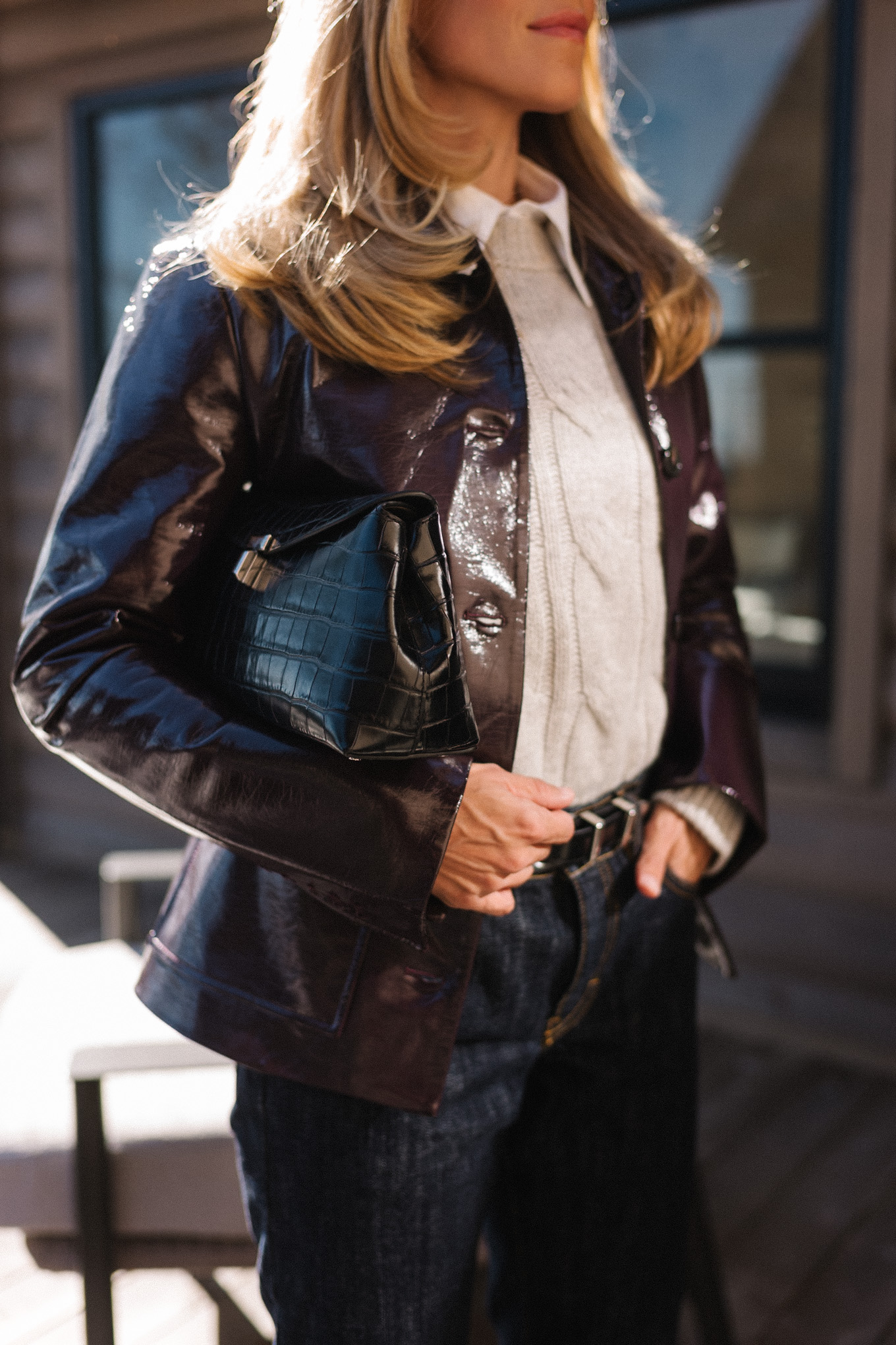 leather jacket grey sweater white button down brown suede boots