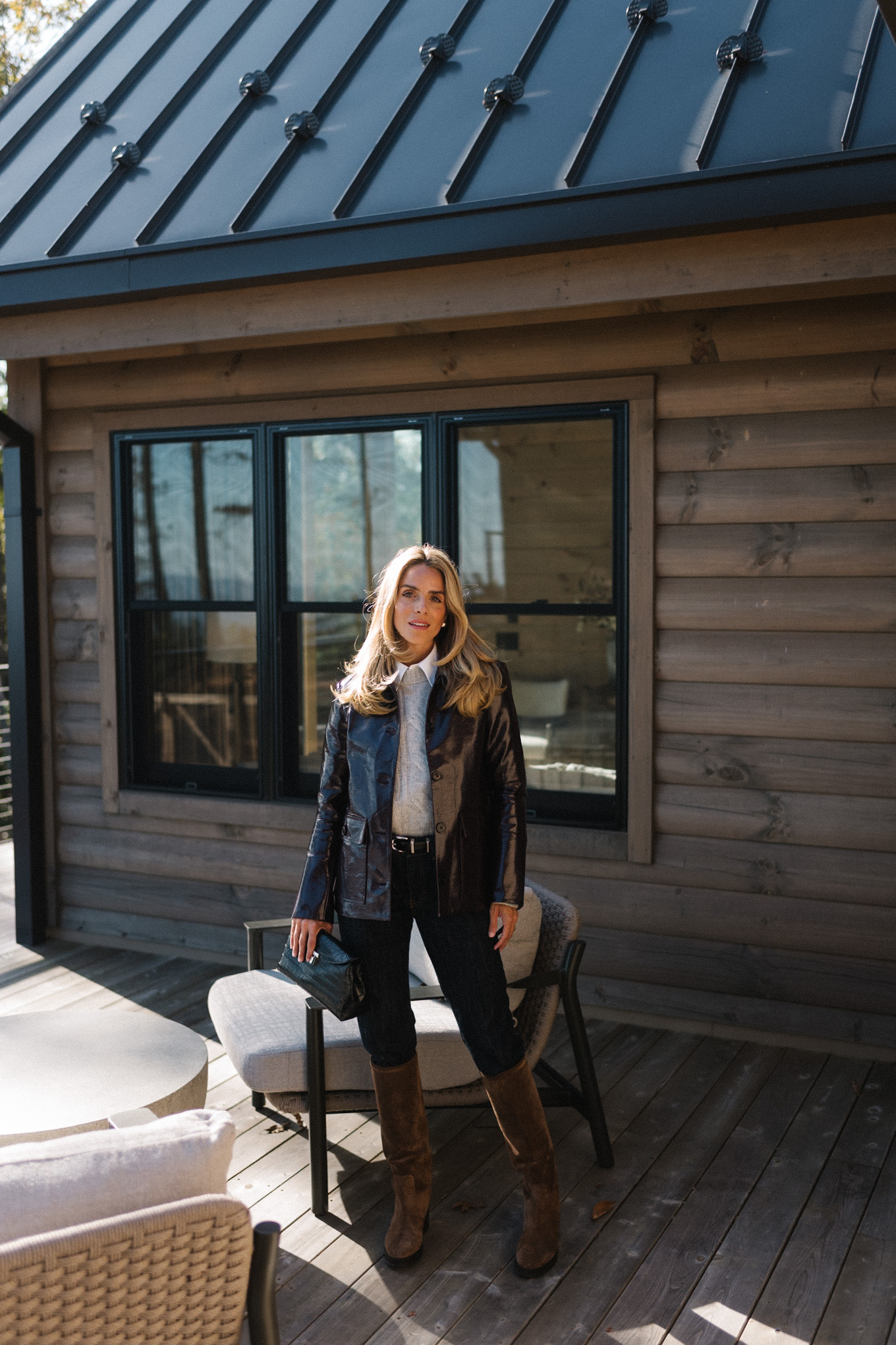 Leather jacket gray sweater white button brown suede boots