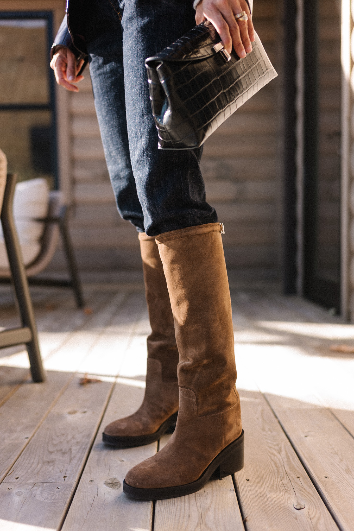 Leather jacket gray sweater white button brown suede boots