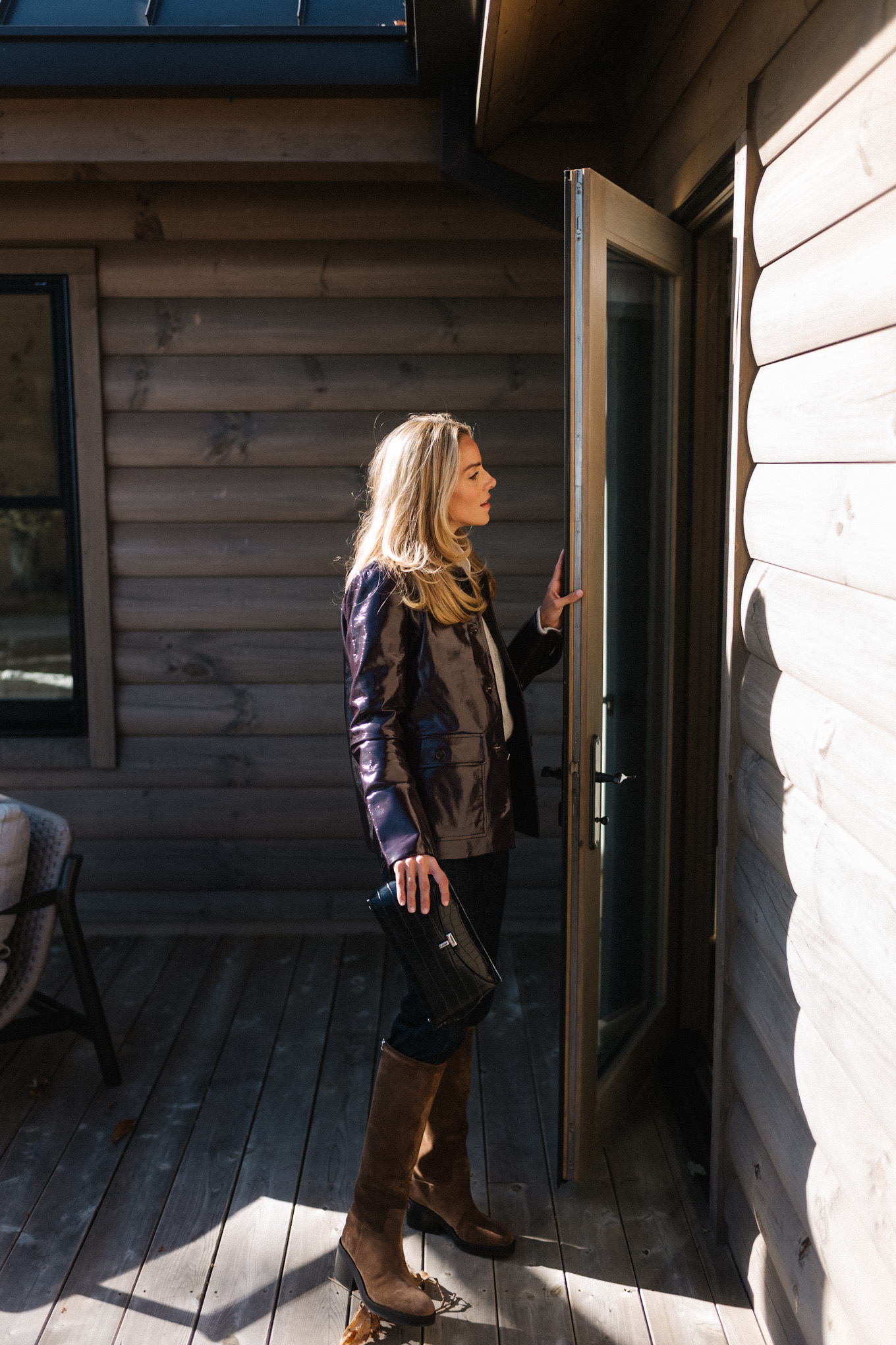 Leather jacket gray sweater white button brown suede boots