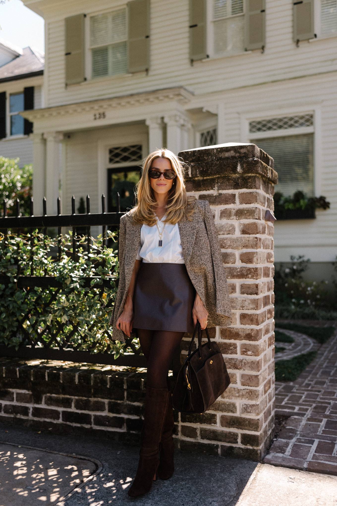 Tweed blazer white collar shirt leather mini skirt suede high boots