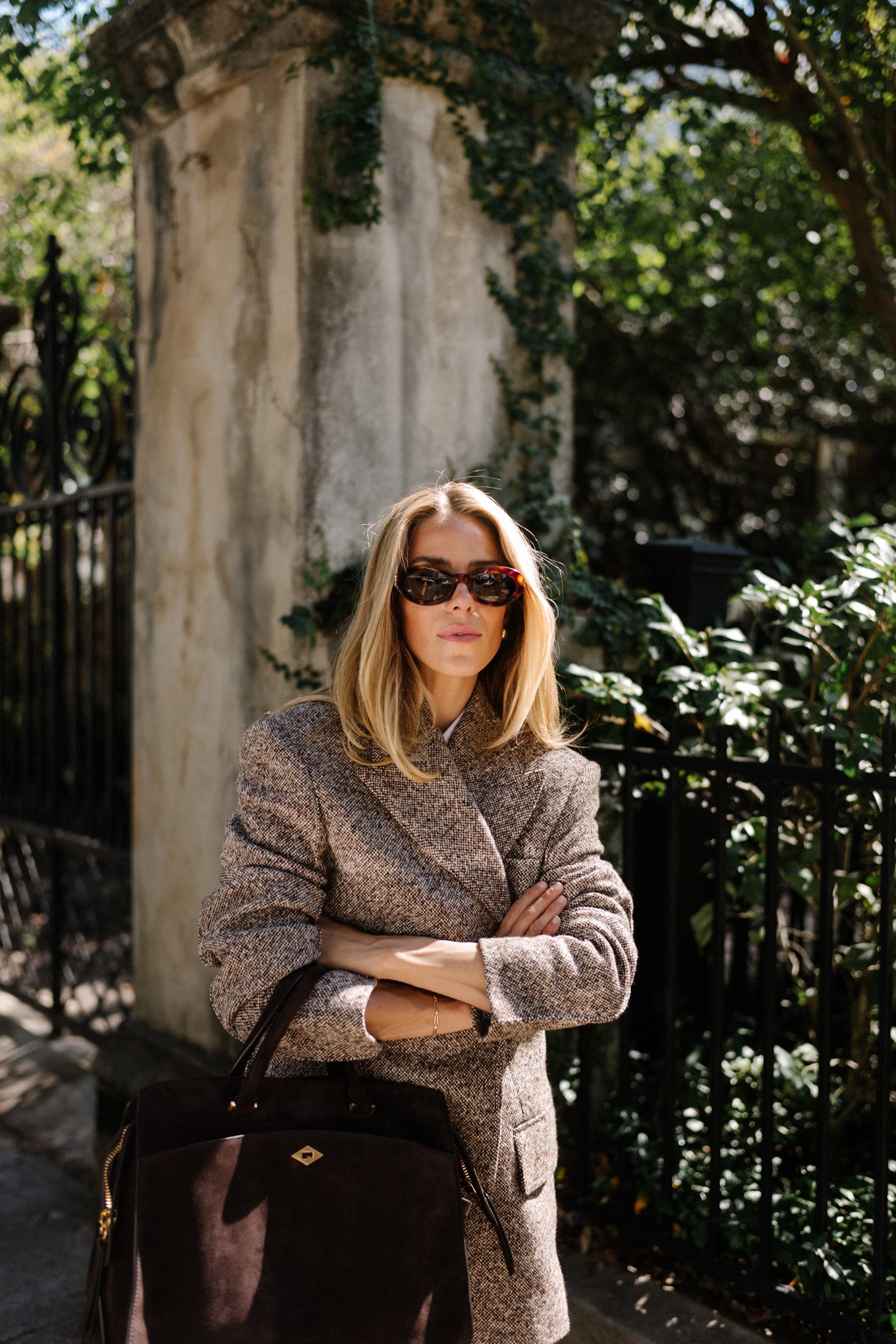 Tweed blazer white collar shirt leather mini skirt suede high boots