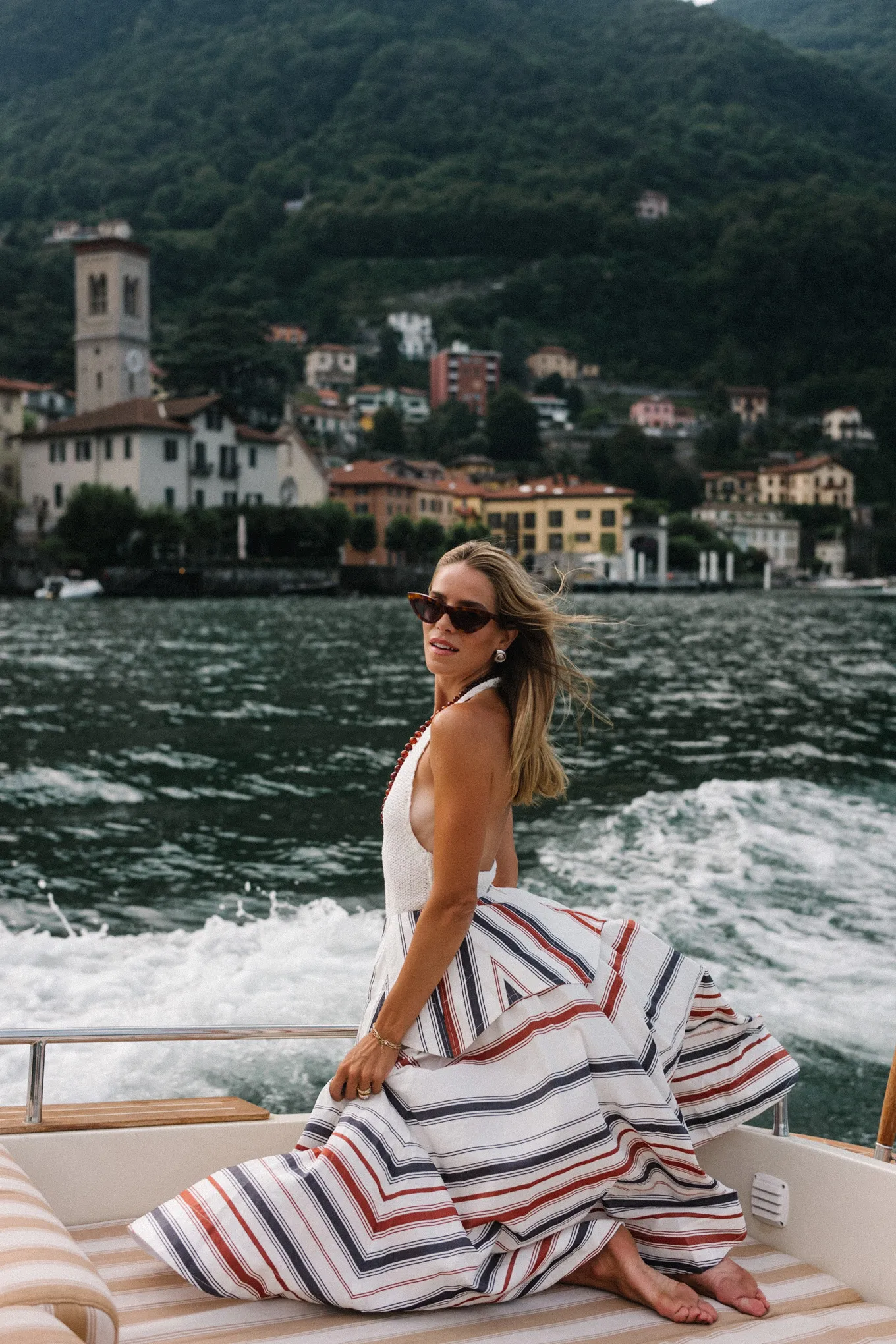 white blue red striped maxi skirt