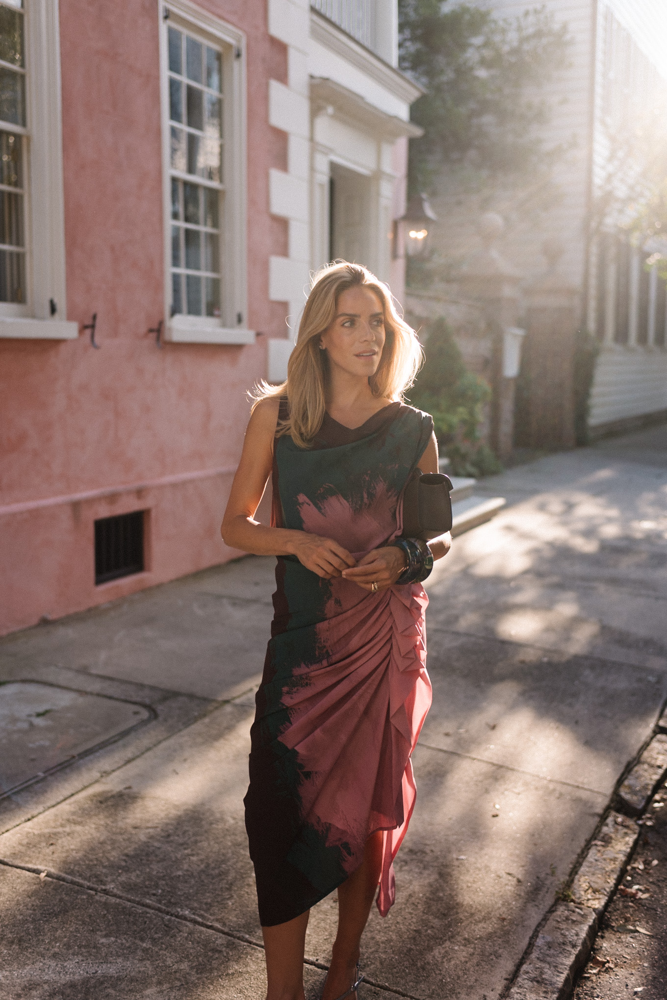 pink green brown silk dress