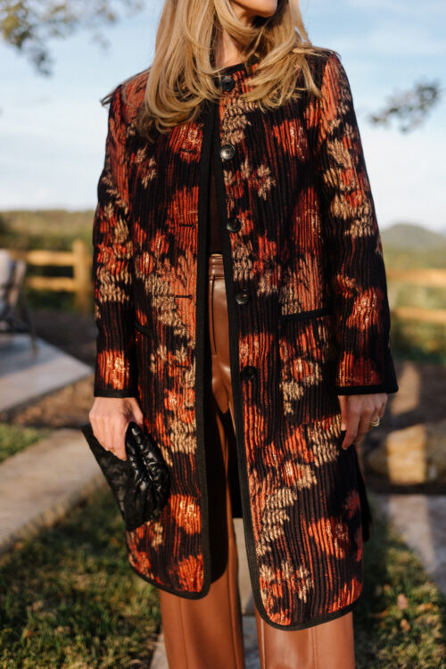 floral pleated car coat brown leather pants