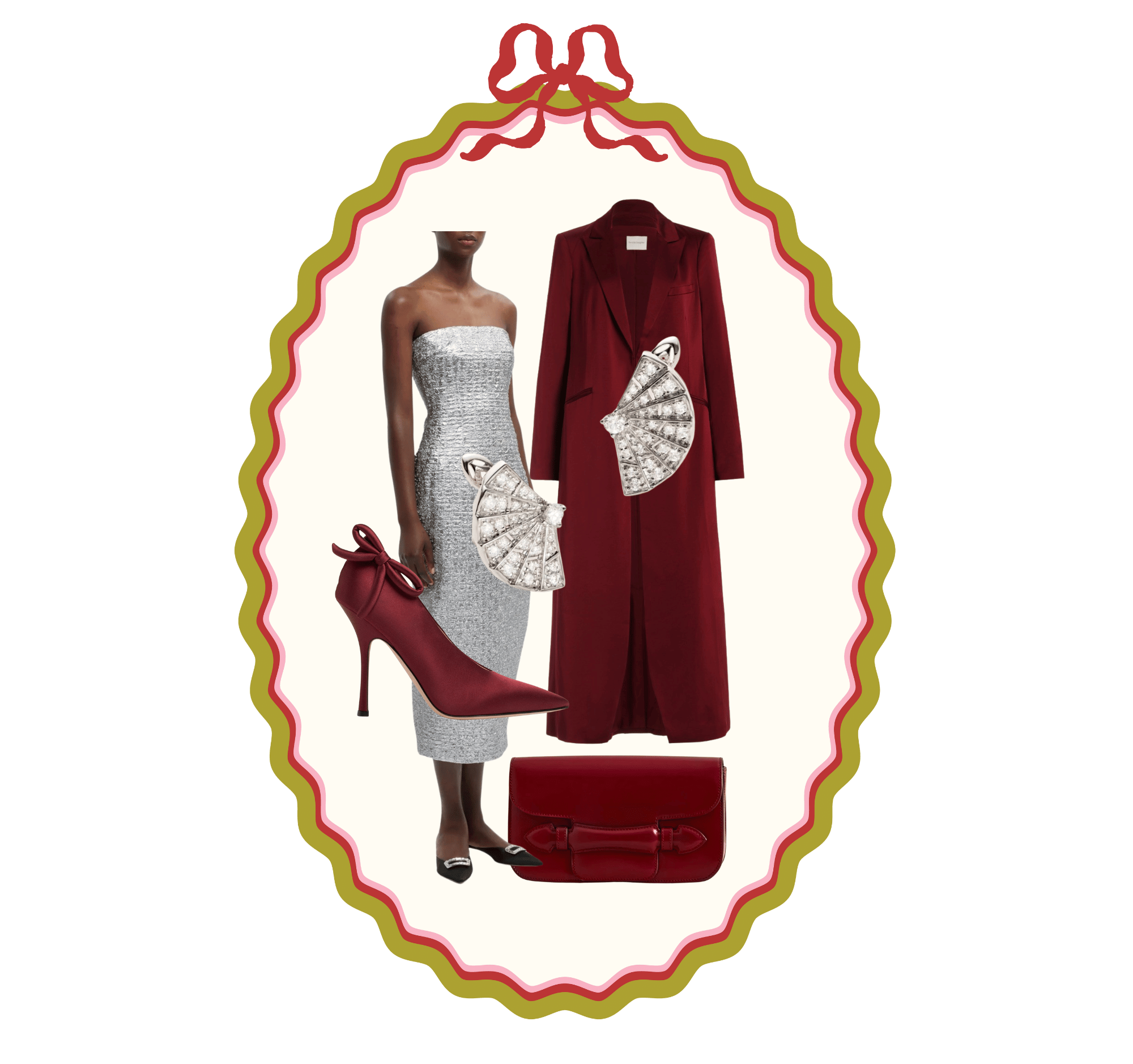 chic holiday looks silver sparkle dress maroon dress coat maroon heels