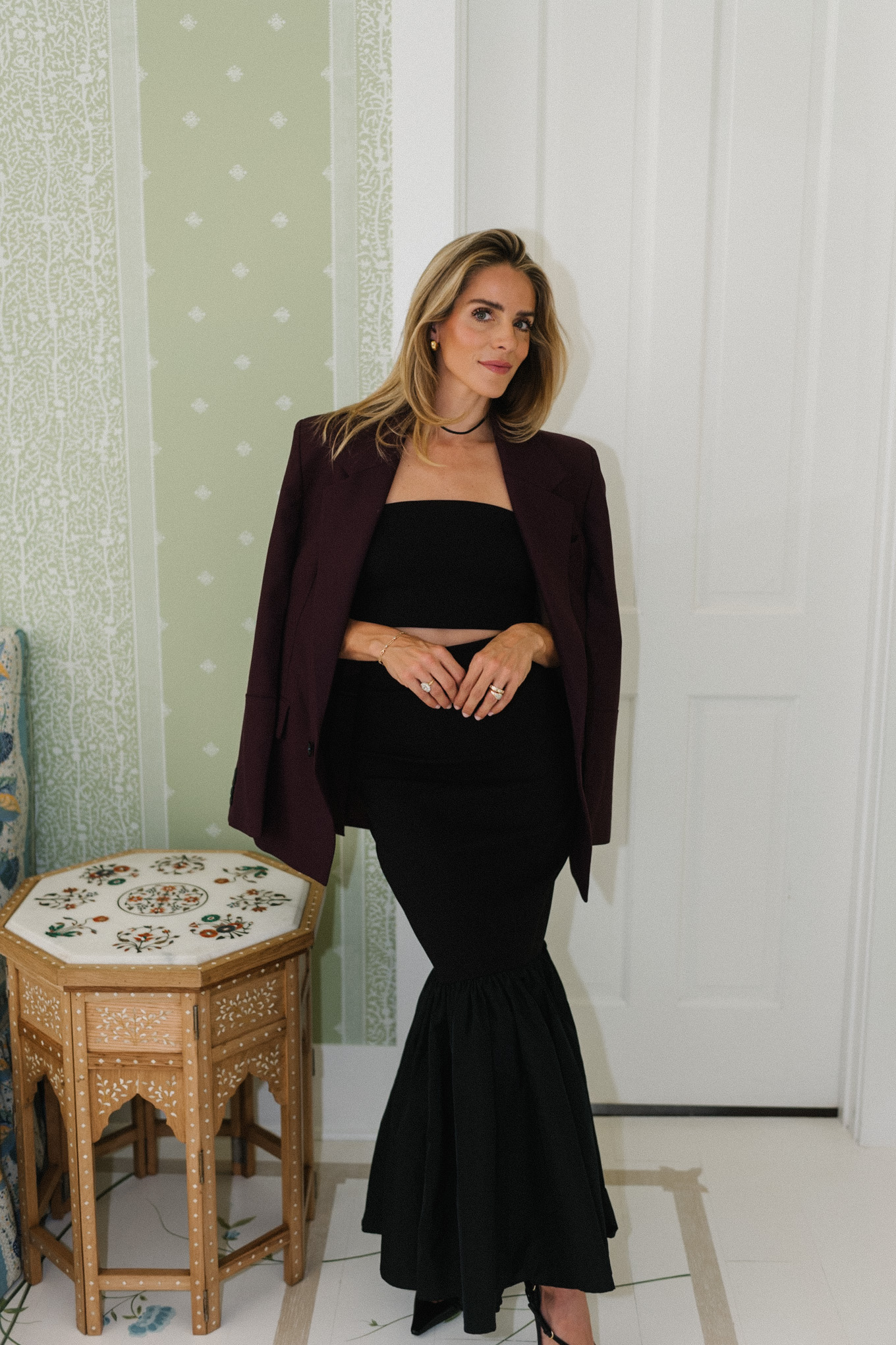 Black skirt suit burgundy blazer