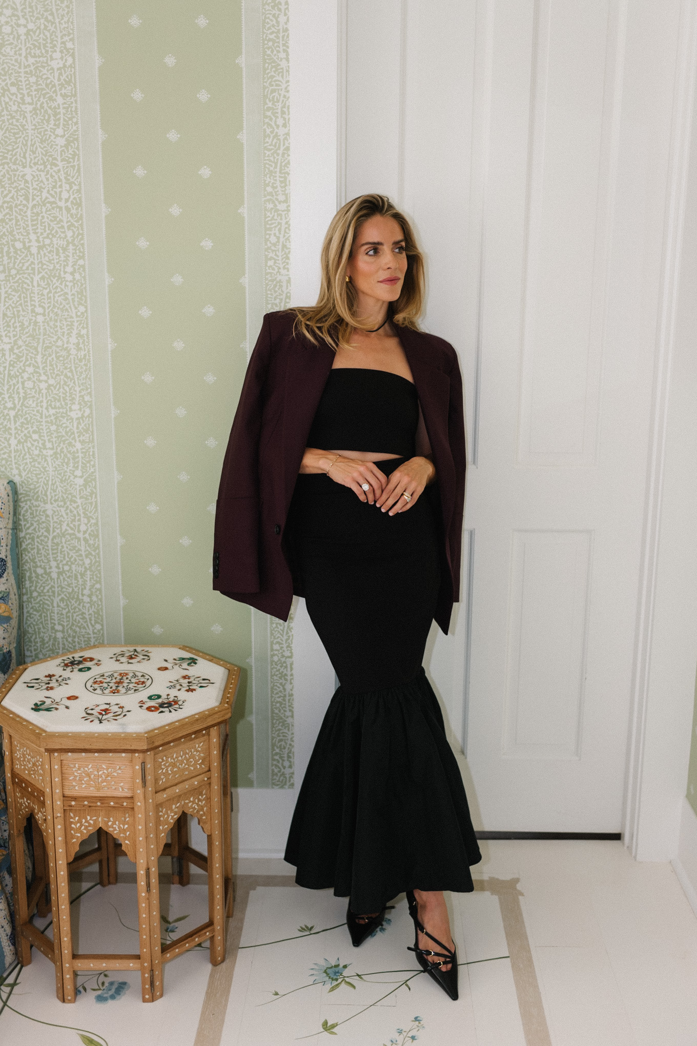 Black skirt suit burgundy blazer