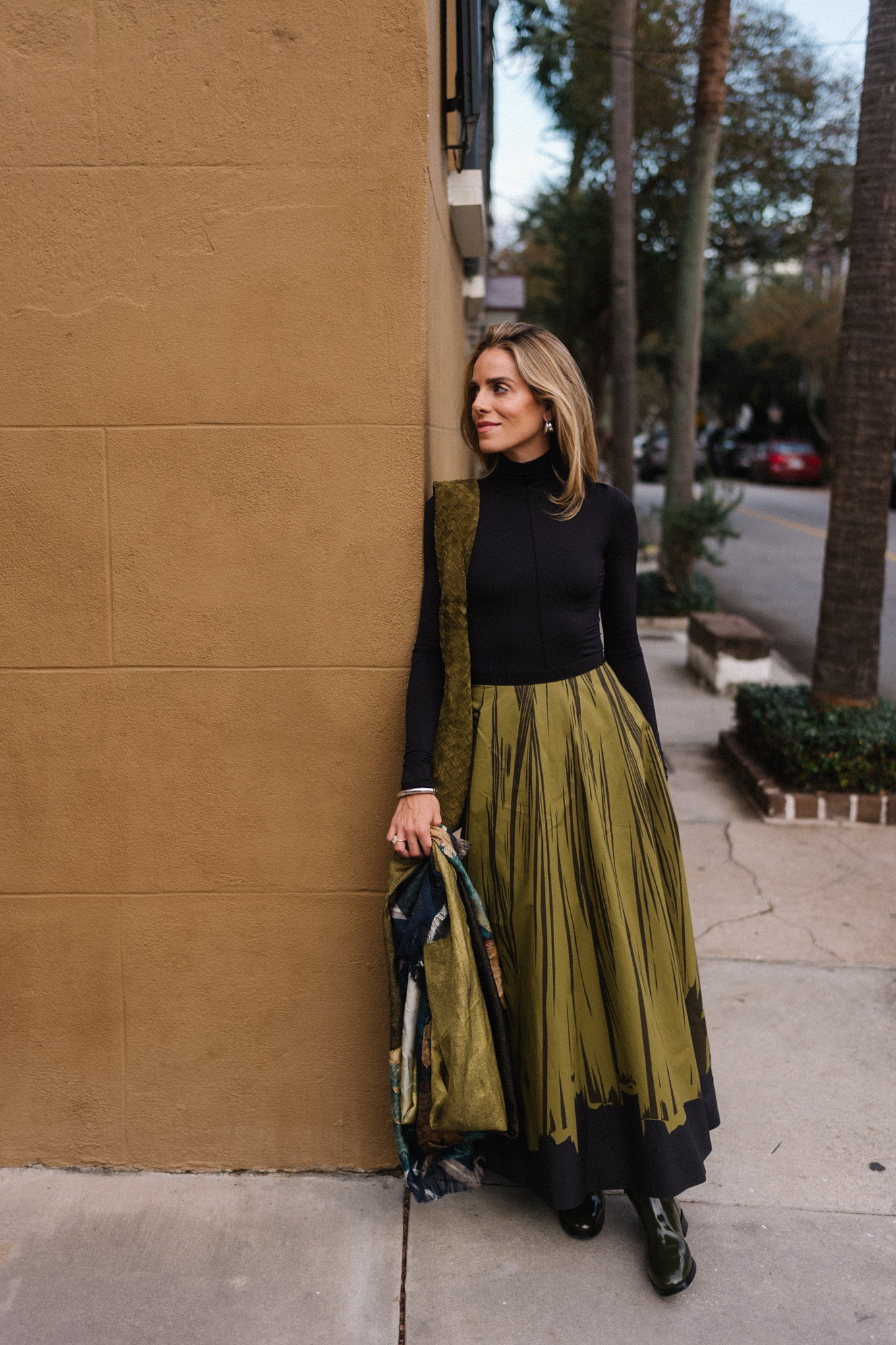 black turtleneck silk green maxi skirt