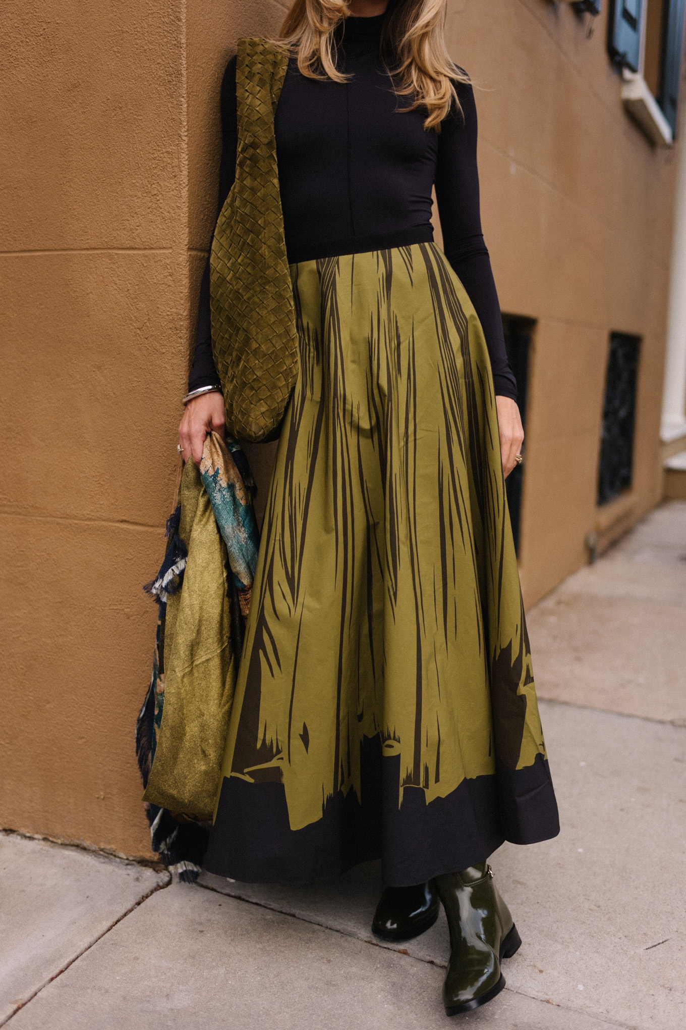 black turtleneck silk green maxi skirt