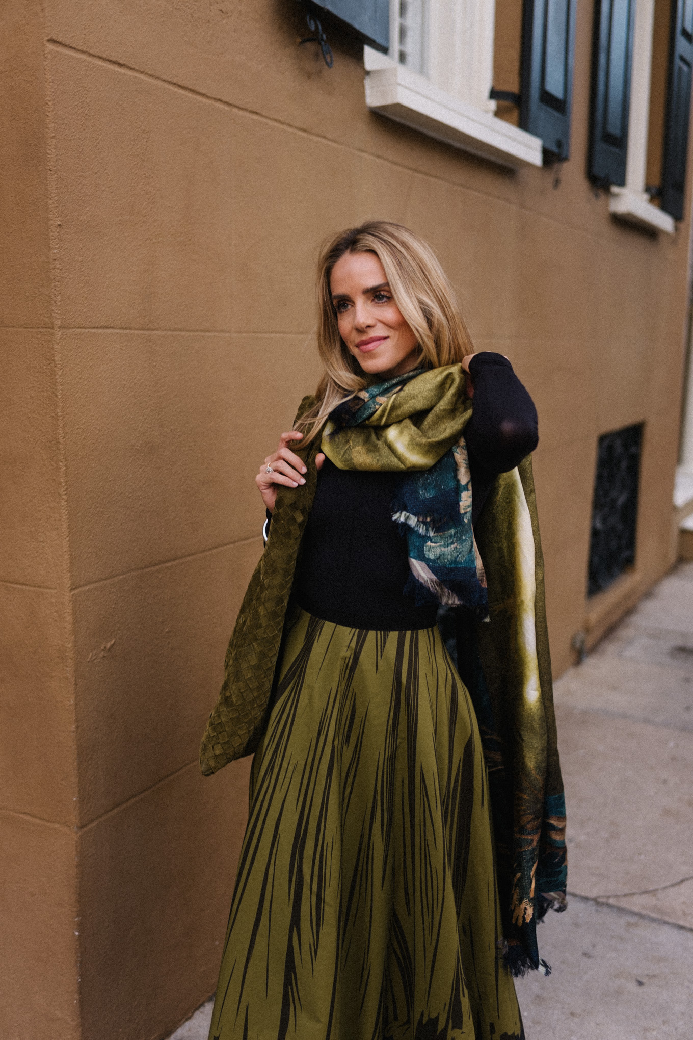 black turtleneck silk green maxi skirt